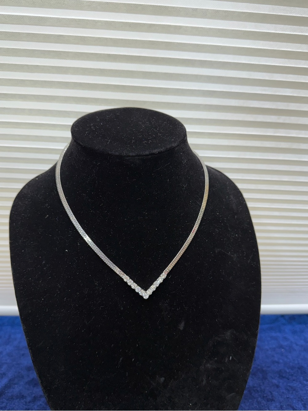 Vintage Herringbone Chain V Necklace Prong Set Crystal Rhinestone